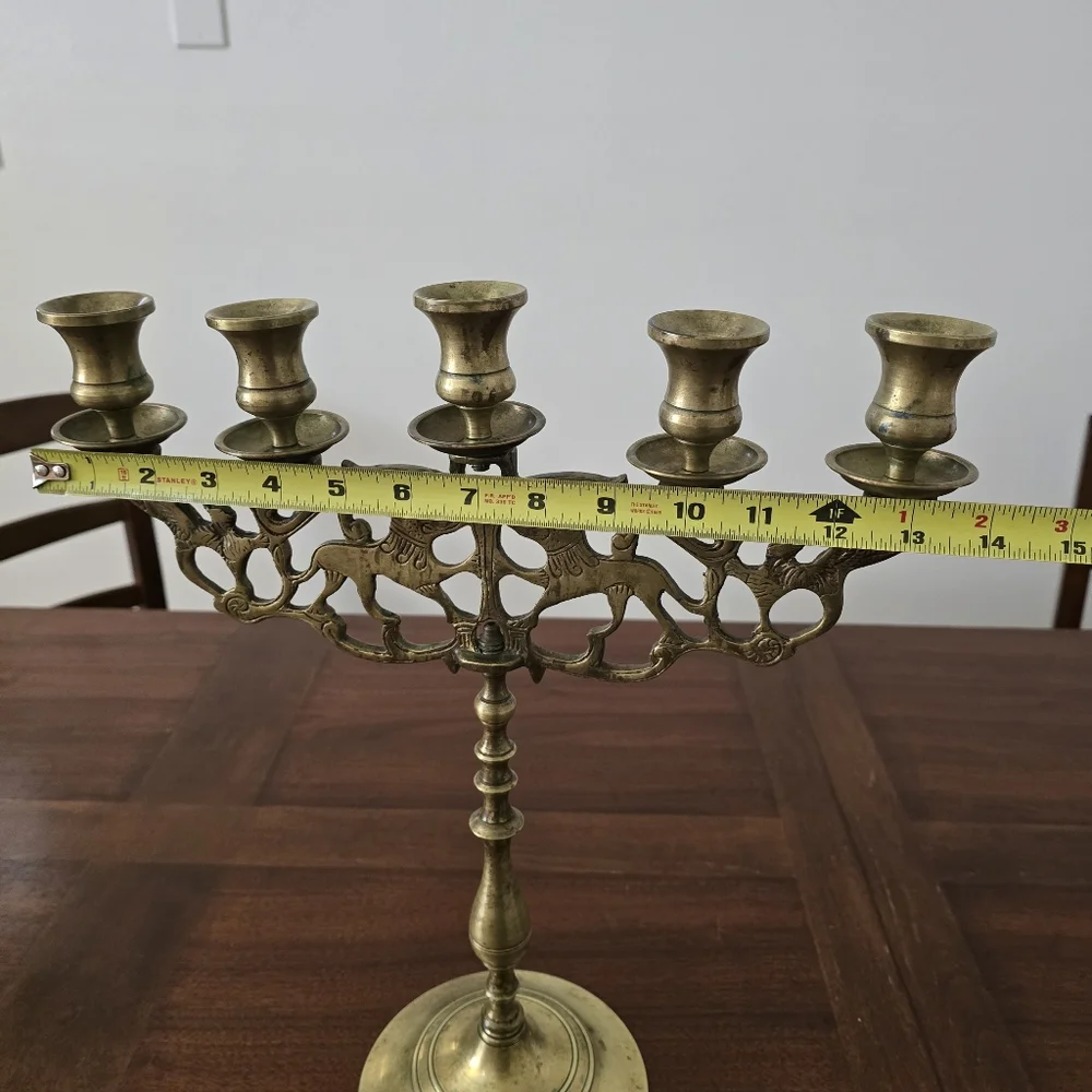 Antique Brass Five Branch Candelabra‎ ''Lions of Judah'' Judaic Candle Holder